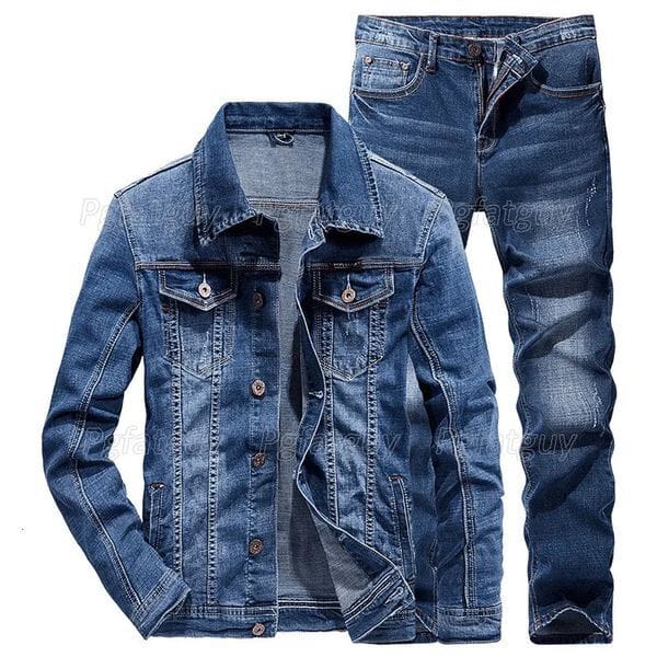 Color: 003.8803_color - Size: L - Mens simple slim fit elastic denim suit long sleeved jacket and pants business casual denim suit spring day outfit 2 pieces 241209