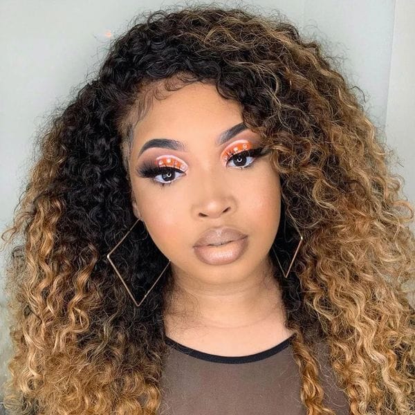 Color: Wig - 200 Density Ombre brown Brazilian Wig Human Hair Afro Kinky Curly 13x6 Hd Lace Frontal Wig High Density HD Transparent Lace Wigs For Women