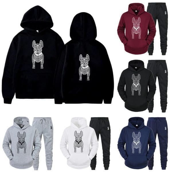 Color: Yellow - Size: 2XL - Men's Tracksuit Unisex Designer Sportwear New Style Fashion Brand French dog Printed Long sleeve Hooded Hoodie & Pants Two-piece Sport Set