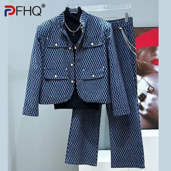 Color: Blue - Size: M(5067kg) - PFHQ Spring Denim Short Jacket Set Straight Leg Pants Two Piece Fashion Contrast Color 21E1250 250228