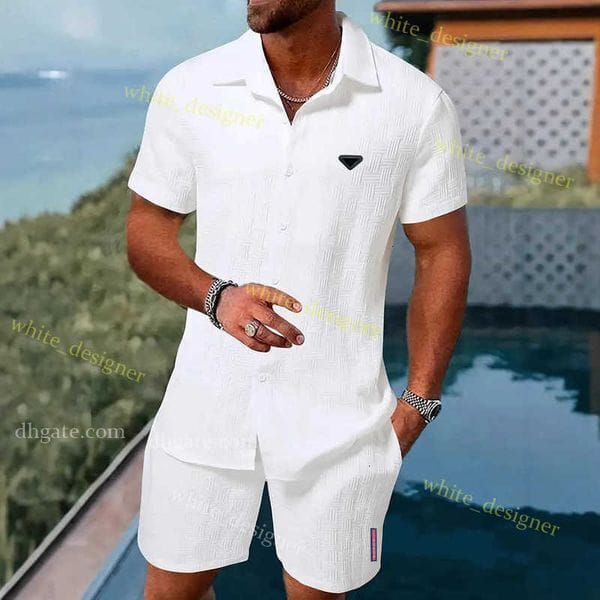 Color: Sky Blue - Size: L - Luxury men tracksuit designer 2025 Summer Jacquard Black and White Solid Color Set Short Sleeve Men's Vacation Casual Style Shirt Shorts Two Piece Set US size S-XXL UUJ9