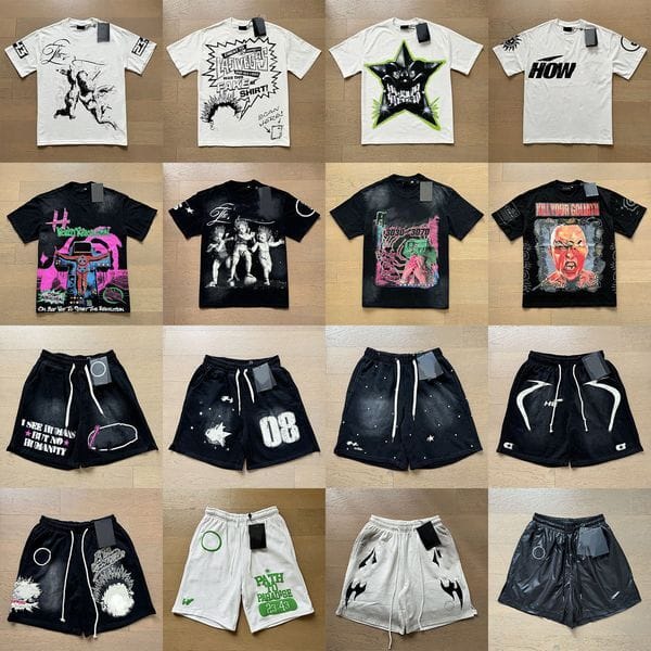 Color: Brown - Size: L - Designer Mens Tracksuit Cotton T Shirt Graphic Tee Washed Basketball Shorts Vintage Hip Hop Summer Sports Set Men Streewear