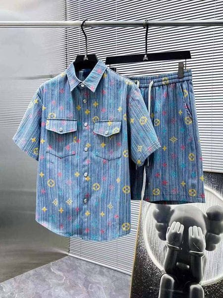 Color: Yellow - Size: 2XL - 25ss High Quality Designer Artist Men's Casual Shirt Men's Short Sleeve Denim Shirt Pants Set Printed Pattern Dress Code Size M-XXXL