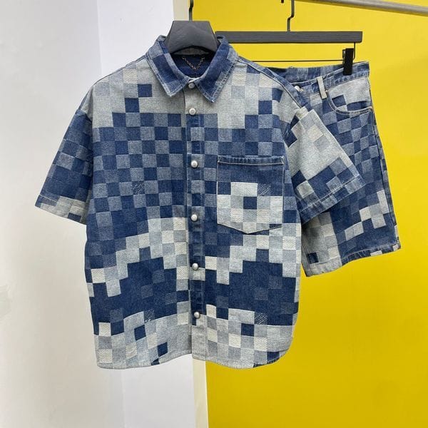 Color: Suit - Size: S - High quality designer men's sports suit, unisex jacket, casual shirt, student denim checkered mosaic clothing