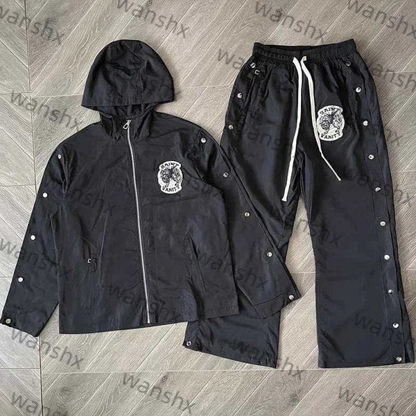 Color: Gray - Size: M - Saint Vanity Embroidered Zipper Snap Button Casual Sporty Windbreaker Track Suit Set with Pants Streetwear Fashion H250415