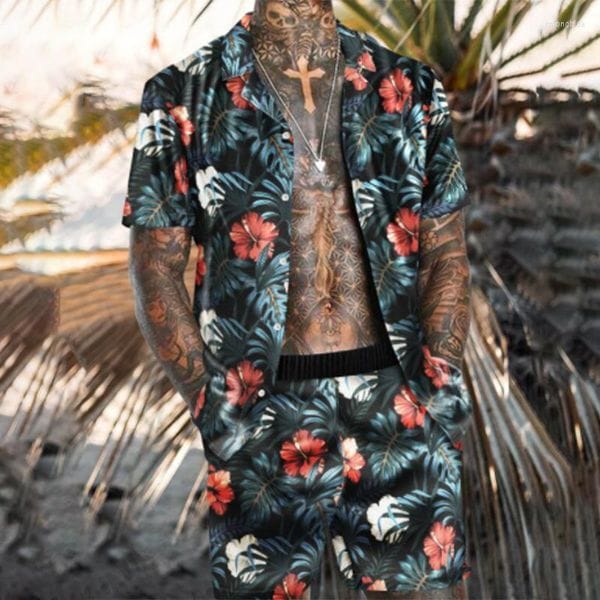 Color: Beige - Size: 2XL - CNLONGBIDA Men's Tracksuits Beach Party Tide Cool Summer Shirt Suit Fashion Casual 3D Printing Comfortable Multi-color Two-piece Set