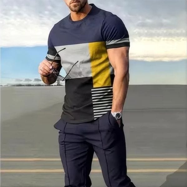 Color: P2tgw21wy - Size: XS - Summer mens Tshirt pants sportswear striped 3D printed set 2piece fashionable streetwear oversized suit 250506