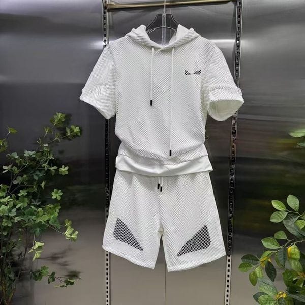 Color: White1 - Size: M - Designer Man Tracksuit Tshirts Shors Sets Tracksuit Tees Suits Mens Tracksuit Mesh Style Eye Pattern Outwears Hooded Two Pieces Set S-3XL
