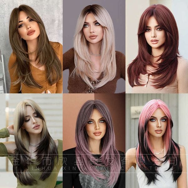Color: Blue - Women's Octagonal bangs wig, gradient long straight hair, full head set, high-quality natural layered wig