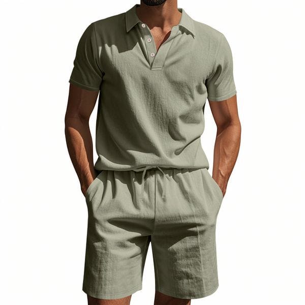 Color: Blue - Size: 2XL - Mens tracksuit shorts and t shirt set designer tracksuit mens Men's Linen POLO Shirt & Short Sleeve Beach Shorts Set