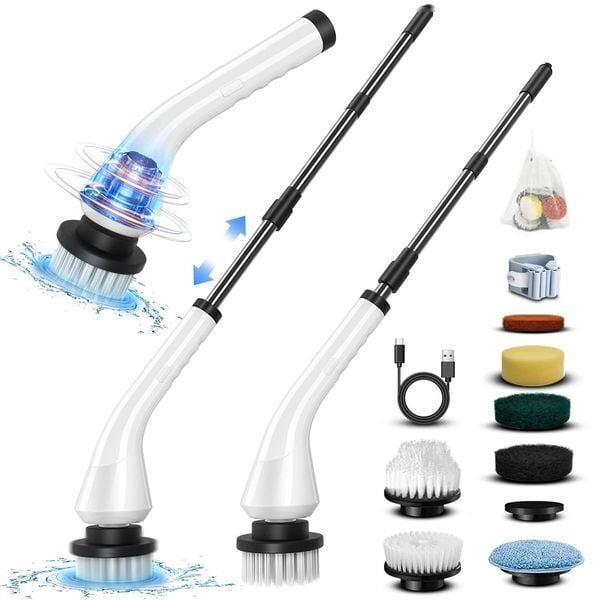 Electric Spin Scrubber Electric scrubber with 8 Replaceable Brush Heads Detachable Extension Handle Power spin scrubber cord 250530