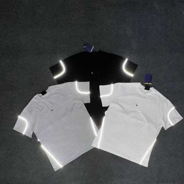 Color: Gray T-Shirts - Size: M - Men's Tracksuits Designer American Embroidered Youth Men's and Women's Lines Reflective Summer Niche Trendy T-shirt Shorts Sports Set