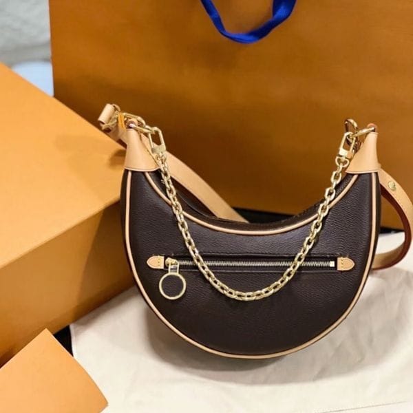 Color: L1 Brown - Luxury Designer Moon Chain Loop Bag Brown Flower Women Shoulder Crossbody luxe sleek design Removable Straps Purse Lady Leather