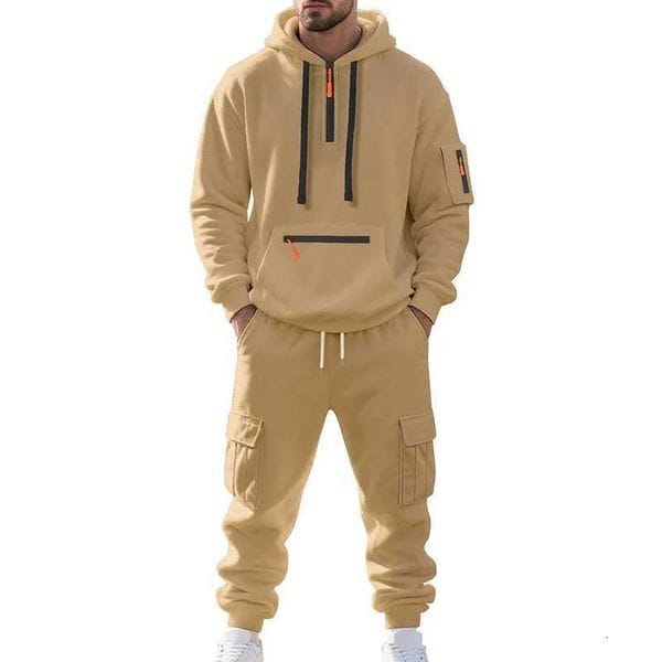 Color: Camel - Size: M - 2-Piece Mens Tracksuits Long Sleeve Athletic Full Zip Sweatsuits Jogging Suit Set Casual Outdoor Streetwear Sport Tracksuit Set XJ250731
