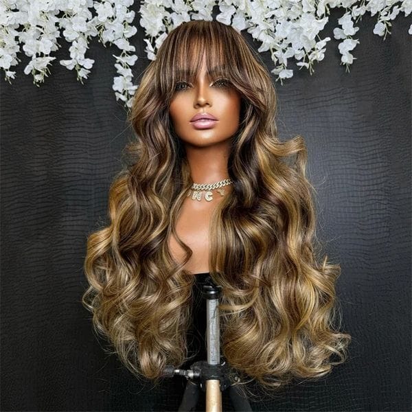 Color: HD Lace Frontal Wig - Highlight 13x4 Lace Frontal Wig With Bang Human Hair Body Wave 13x6 Hd Lace Front Wig Synthetic For Women 4/27 Colored Wig Ready To Wear