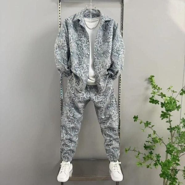 Color: Blue suit - Size: XXL - Men's Tracksuits Spring And Autumn Casual Suit Lapel Jacquard Shirt Trousers Two-piece Set Comfortable Loose