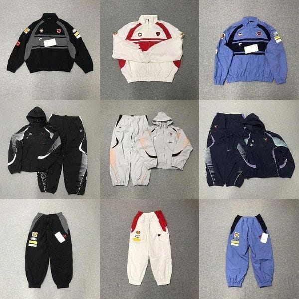 Color: Ivory - Size: M - Designer Tracksuit Embroidery Pattern Vintage Racing Suit Football Track Puffer Jacket Drawstring Pants Woven Joggers for Men