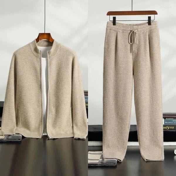 Color: Cardigan Black - Size: L - Men's Tracksuits Men Mock Neck Zippers Cardigan Cashmere Sweater Pants Sets Elastic Waist Pencil Trousers Knitted Thicken Clothing