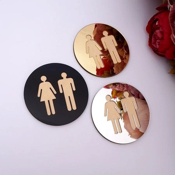 5mm 3D Acrylic Mirror Round Toilet Door Sign Men Women Bathroom WC Black Gold Silver Modern Wood Base Wall Sticker Home Decor 240725