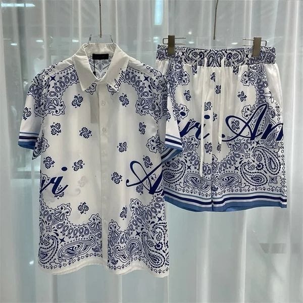 Color: Beige - Size: XL - Summer Mens 2-piece digital print suit high quality shorts suit Summer short-sleeved shirt 240429