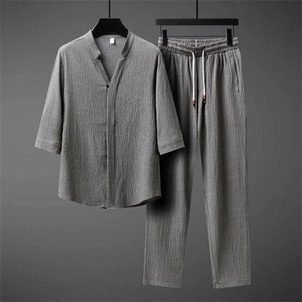 Color: Grey - Size: M - Ice Silk Linen Mens Set Spring Summer Loose Pullover Tops and Elastic Waist Trousers Sport Suits Men Two Piece Sets 250228