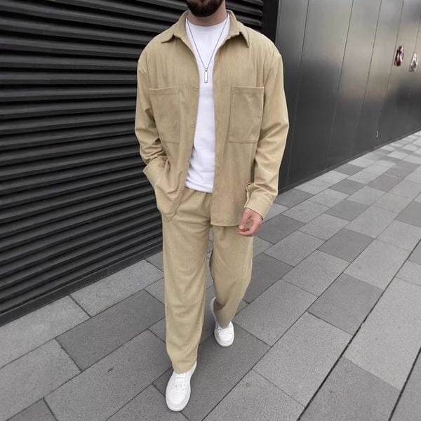 Color: Black - Size: S - mens tracksuit 2025 Spring Fall Men's Corduroy Set Long Sleeve Shirt Jacket with Casual Trousers Matching Outfit European size: S-3XL