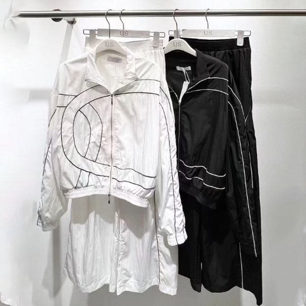 Color: White - Size: S - Designer Coat Wide Leg Pants Set Trendy Fashion Sports Design Inkjet Color Zipper Long Sleeve Coat Wide Leg Pants Two Piece Set