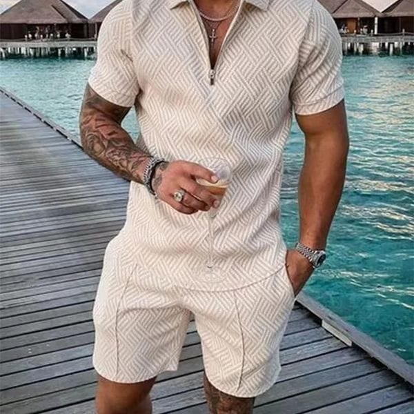 Color: Rtzz2c232111k - Size: 3XL - Summer Fashion Men Clothing 3D Print Solid Color Polo Shirt And Shorts 2pcs Sets Trend Zipper Tracksuit Set Oversized Tshirt 240409wtt