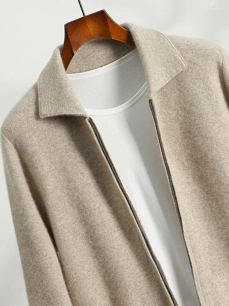 Color: Ivory - Size: L - Men's Tracksuits Cashmere Cardigan Sweater Men Polo Collar Knitwear Smart Casual Thicken Zippers Outerwear Autumn Winter Soft Clothing Tops