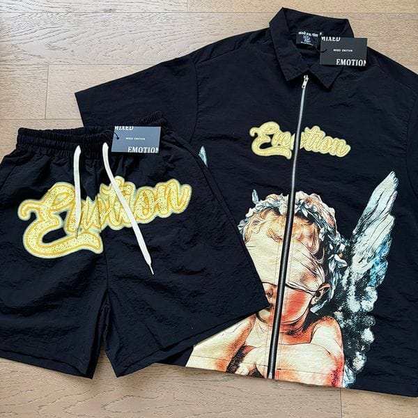 Color: #02 - Size: European size S - MIXED EMOTION Men's short sleeve casual suits, men's short sleeve shorts casual suits, designer embroidered diamond woven fabric zipper short sleeve suitss