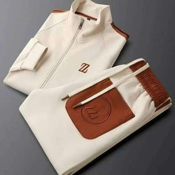 Color: Khaki - Size: XL - Men's autumn new style stand up collar casual trendy and fashionable sports suit, loose long sleeved suit