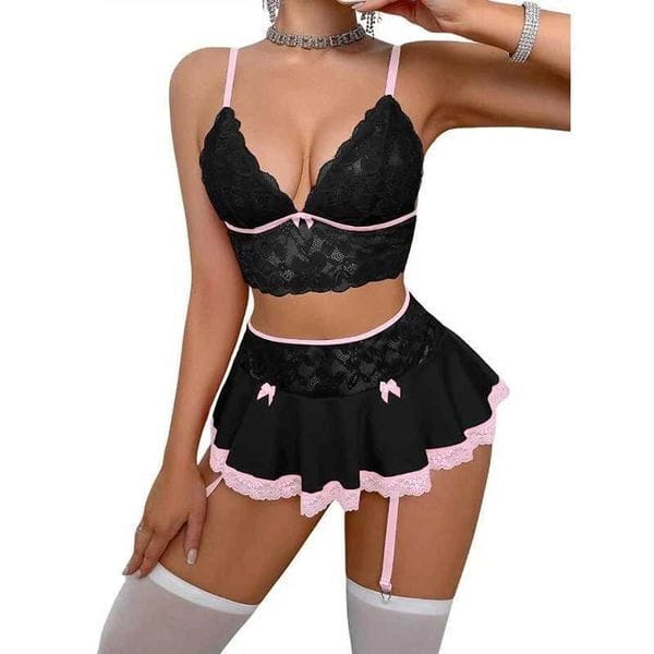 Color: Red - Size: L - Adult: yes - Cosplay Sexy Seamless Underwear Fancy Women Erotic Outfit Open Bra Fantasy Mini Skirt Garter Set R251015