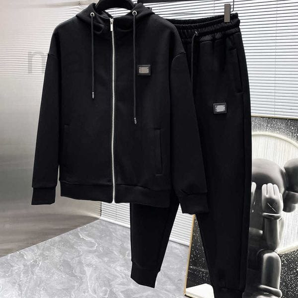 Color: Black - Size: Xl (recommended 8090kg) - Men's Tracksuits Designer Autumn Winter Fashion New High-end Trendy Brand Badge Hooded Jacket Sports Sweatshirt Long Pants Coat Casual Set A1HV