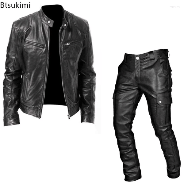 Color: Wine Red - Size: M - Men's Tracksuits Fashion Motorcycle Leather Clothes Sets Multi-pocket Stand Collar PU Jacket Pants 2-pieces Casual Costumes