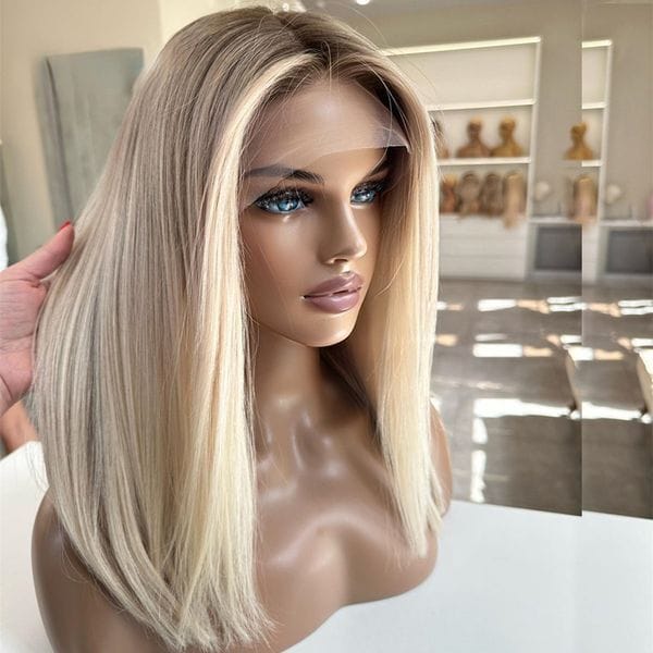 Color: Wig - Brazilian Blonde Human Hair Short shoulder 13x4 HD Lace Frontal Wigs Ombre Light Colored Glueless Bob Wig Sale for Women