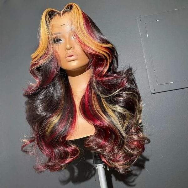 Color: Ombre Color - Peruvian Highlight Red Blonde Colored 13X4 Closure Pre Plucked Glueless Human Hair Wigs for Women 200% Body Wave Lace Frontal Wig Synthetic