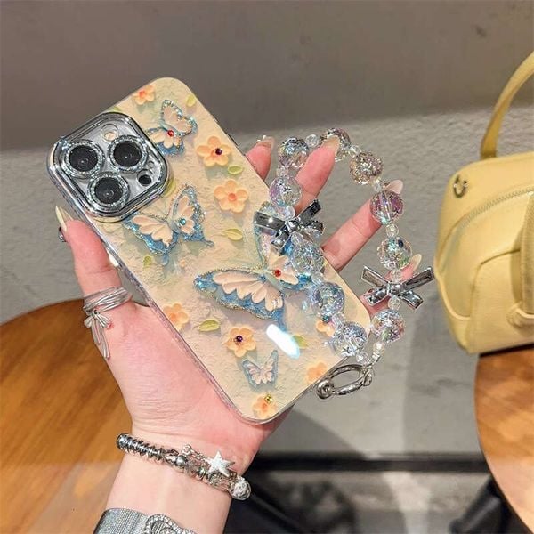Color: Blue - DHelectronics Blue Light Oil Painting Flower Butterfly Dot Diamond Phone15promax Apple 1413/12 Anti-fall 11 Wristband Phone Case