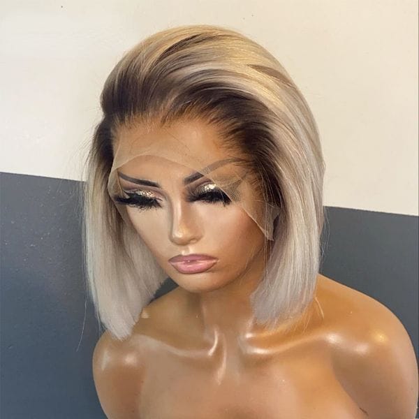 Color: Wig - 2025 new Brazilian Short Bob Ombre Blonde 13x4 Lace Front Straight Human Hair Wigs for Women Black/Green /Red/ Ginger Synthetic Wig Free shipping