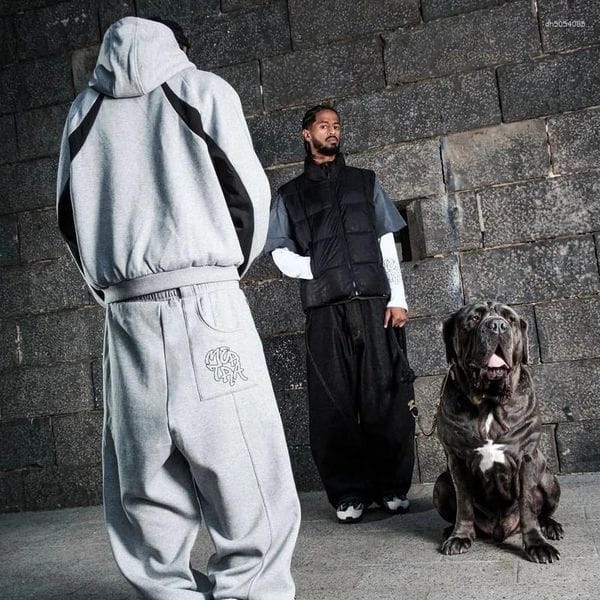 Color: A315-2Gray Set - Size: L - Men's Tracksuits Fashion Men Tracksuit Goth Aesthetic Retro Hoodies Embroidery Jacket Coat Pants High Street Casual Women Sportswear