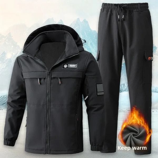 Color: Black - Size: L - Mens Arctic Winter Work Suit Windproof Rainproof Thick Fleece Lined Jacket Pants Set for Outdoor Labor Anti-Scratch 251112