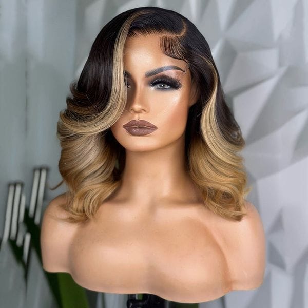 Color: Ombre Color - Ombre Blonde Short Wavy Human Hair For Women Brazilian Front bob Glueless Highlight Synthetic Lace Frontal Wig Preplucked