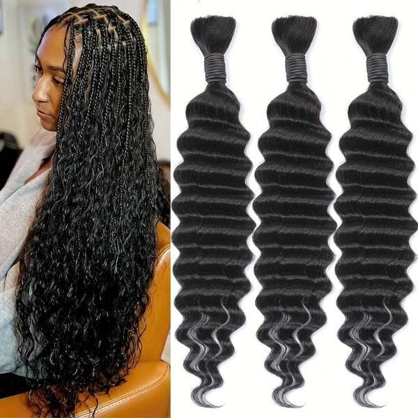 Color: 3 bundles 150g - Braids 150G 3 Bundles/Pack Curly Boho Knotless No Weft Deep Wave Bulk Human Hair For Braiding Bohemian Natural Color