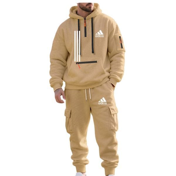 Color: Dark Grey - Size: 3XL - Adult: yes - Autumn and Winter Printed New Men's Velvet Hoodie, Work Clothes, Pants Set, Sports Fashion, Leisure Multi Pocket 2-piece Set