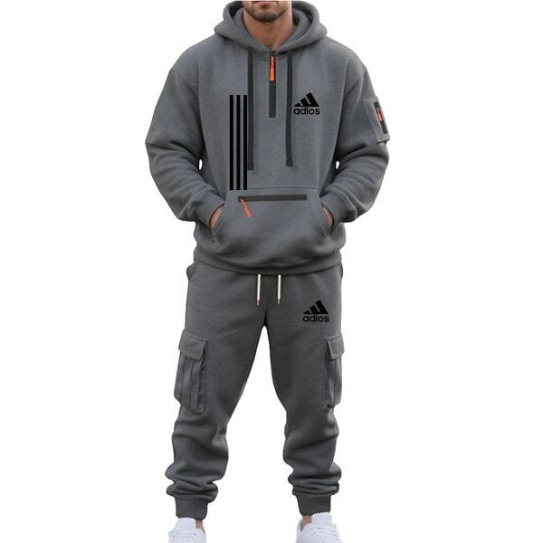 Color: Dark Grey - Size: 3XL - Adult: yes - Men's Tracksuit New Autumn And Winter Men's Fleece Hooded Sweatshirt, Workwear, Long Pants Set, Sports and Leisure Multi Pocket 2-Piece Set