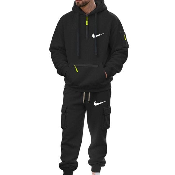 Color: Indigo - Size: 2XL - Adult: yes - Autumn Winter Casual Tracksuit Men's Fleece Hooded Sweatshirt and Long Pants Sports Suits Leisure Multi Pockets 2 Piece Set Man Streetwear