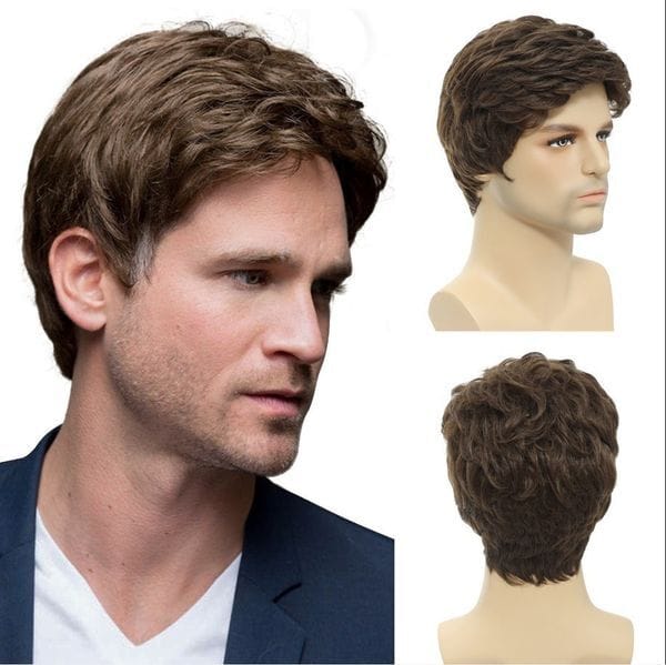 Color: Medium Brown - Mens Short Brown Wig Natural Hair Replacement Synthetic Costume Halloween Full Wigs