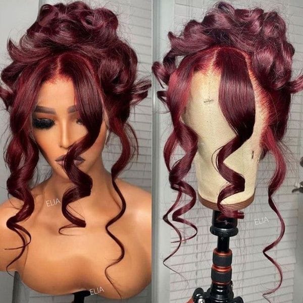 Color: Blonde highlight red color - Brazilian Wine Bury Red Front 360 Frontal Human Hair Transparent HD Lace Body Wave Synthetic Wig for Women Preplucked