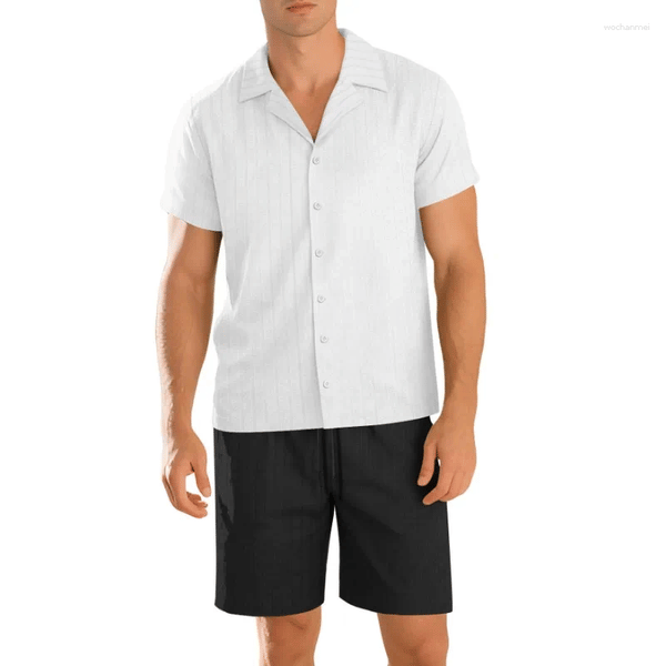 Color: Navy blue - Size: XXXL - Men's Tracksuits Fashionable Commuter Casual Button-down Shirt Short-sleeved Resort Beach Pants Cardigan Shorts Suit