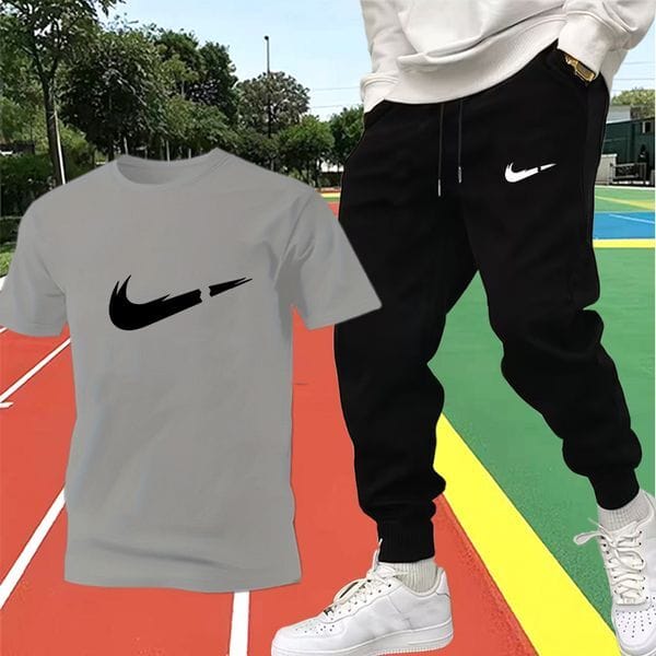 Color: Indigo - Size: L - Adult: yes - Men's Tracksuits Summer Men Tshirt Suit Tracksuit Streetwear 2 Piece Set Fashion Male Clothes Letter Print Sportswear Short Sleeve T-shirt Long Pants
