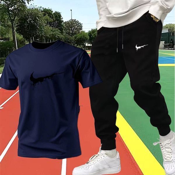 Color: Gray - Size: M - Adult: yes - Summer mens sportswear set short sleeved T-shirt long pants two-piece set mens sportswear printing casual trend exceeds the standard